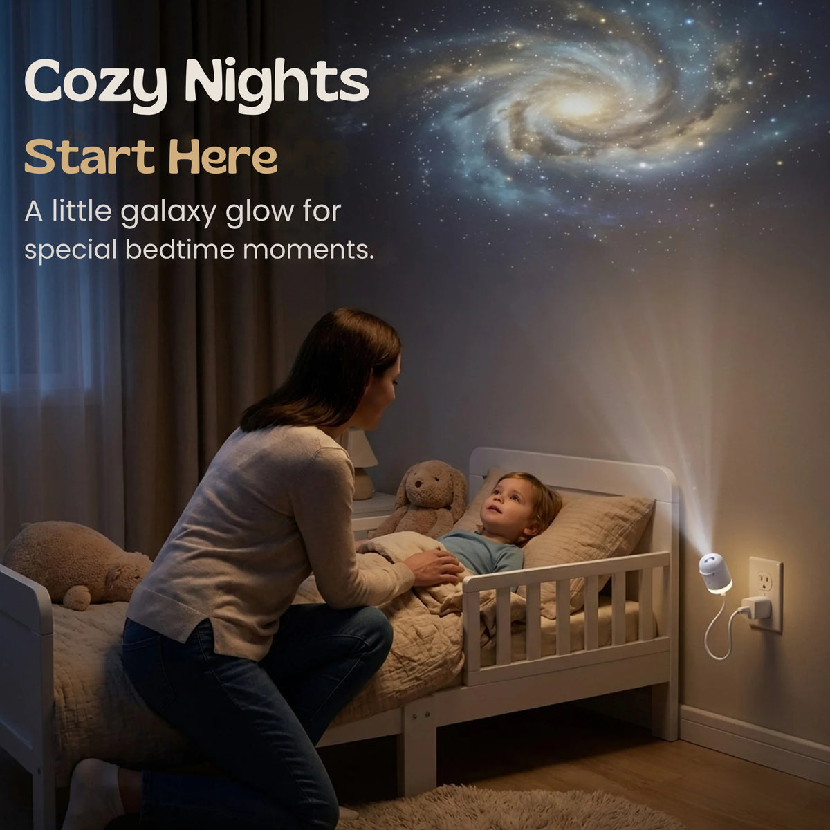 A galaxy scene projected on a bedroom ceiling by the TibaToes GalaxyGlow