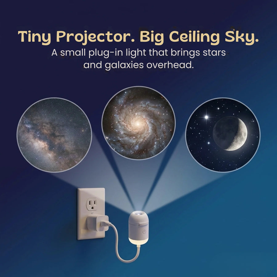 Child settling calmly at bedtime under a projected galaxy from the TibaToes GalaxyGlow