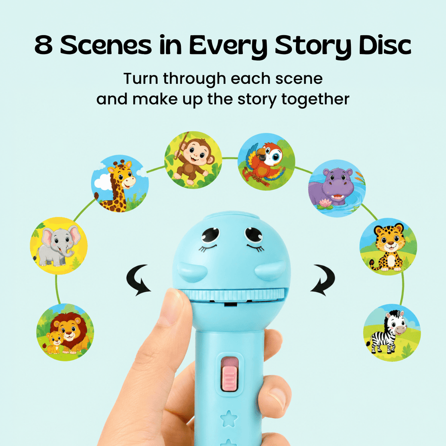 Toddler settling calmly at bedtime with the animal projector