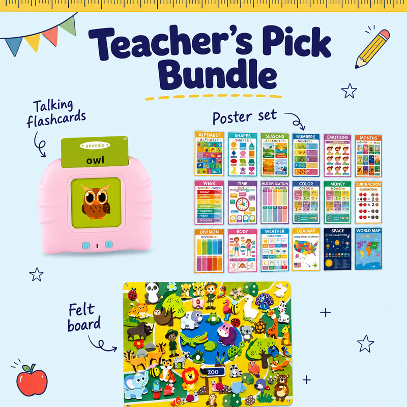 Teacher's Pick Bundle with pink talking flashcards, poster set and felt board