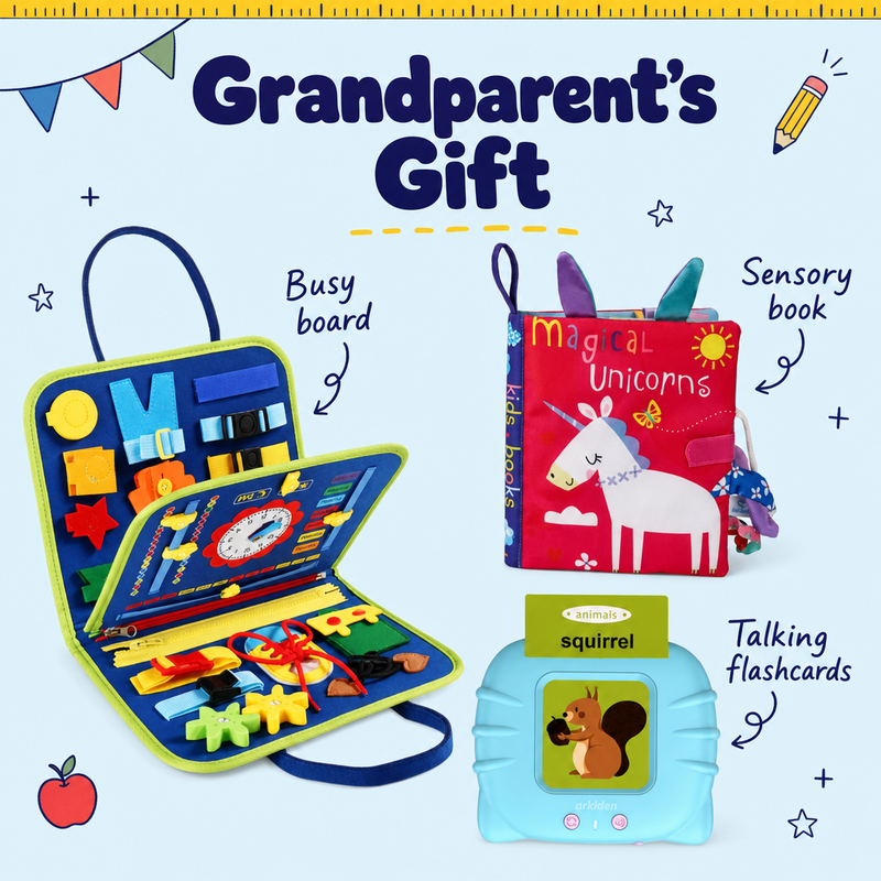 Grandparents Gift bundle with dinosaur blue busy board and blue flashcards