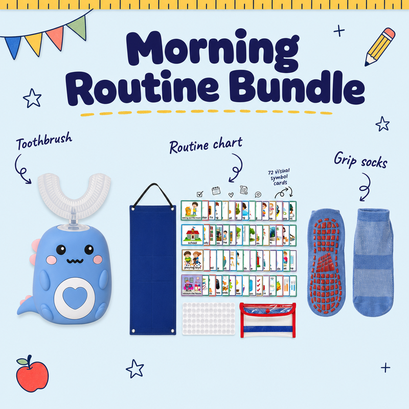 Morning Routine Bundle with blue cloud toothbrush, routine chart and grip socks