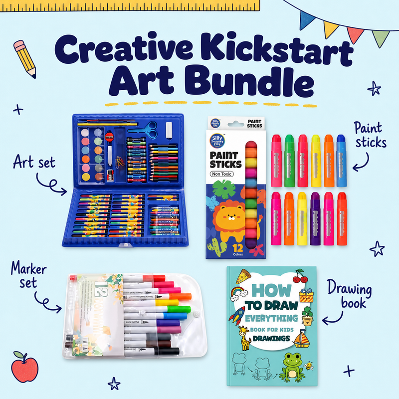 Creative Kickstart Art Bundle with blue artist case, paint sticks, markers and drawing book