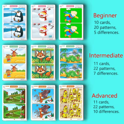 TibaToes™ Find the Difference Cards: Reusable Concentration Training Game for Toddlers & Kids (3 Levels)