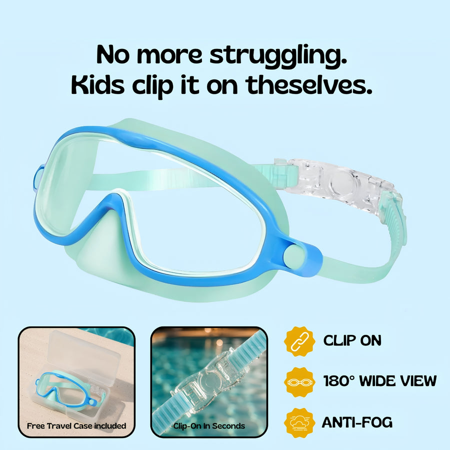 Parent and toddler wearing the goggles in the pool