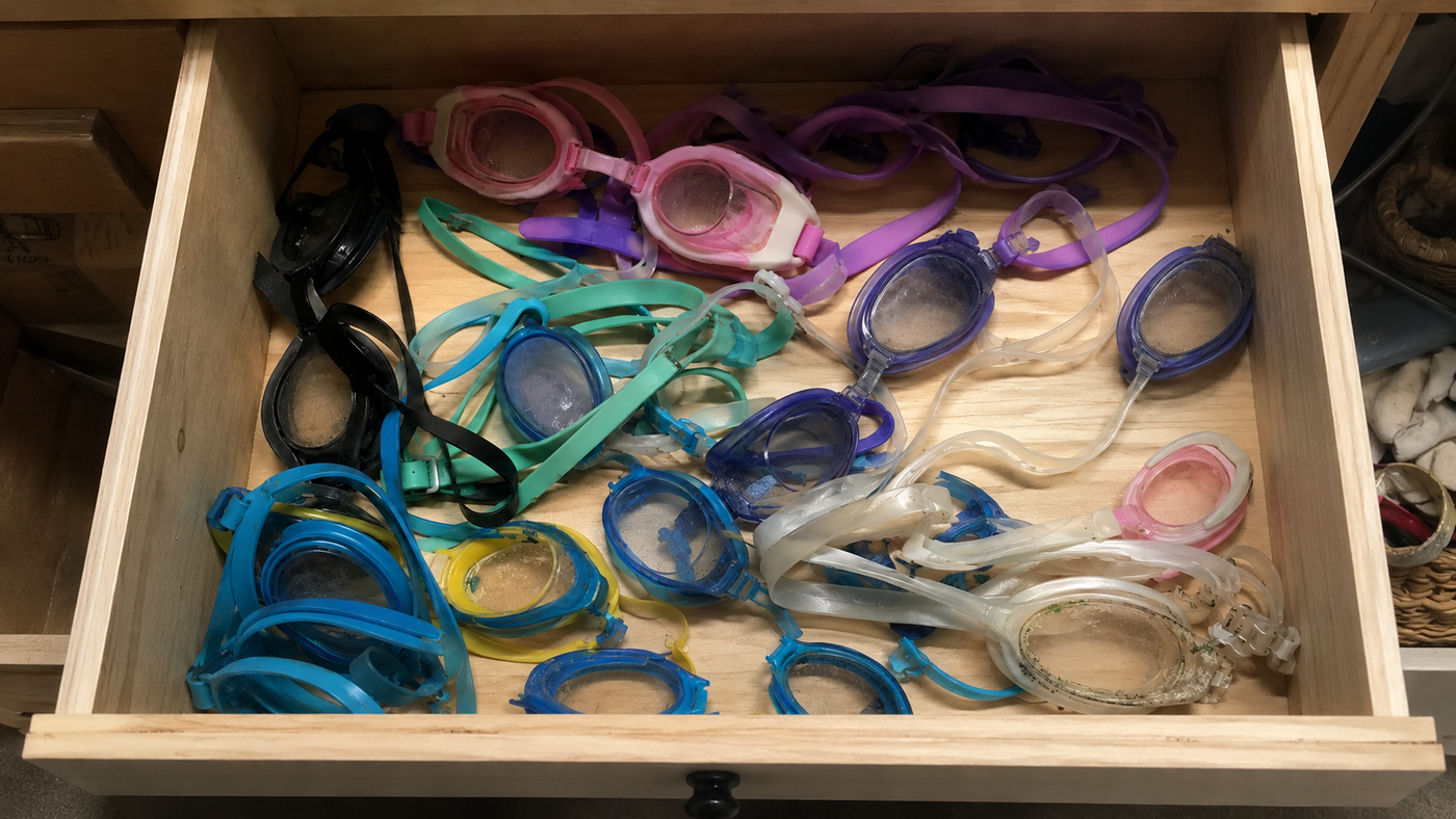 Last summer's haul: six pairs of goggles, and every one leaked, fogged, or snapped.