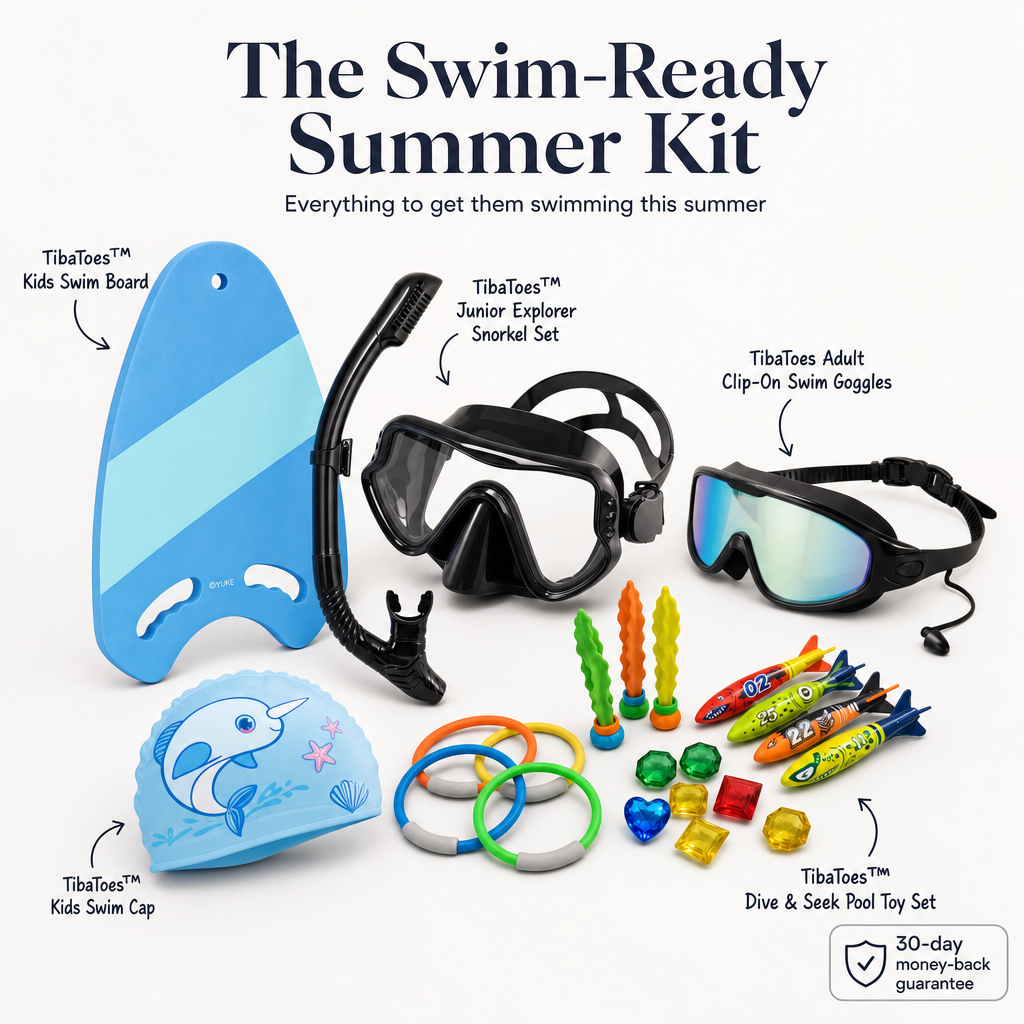 The Swim-Ready Summer Kit (1x TibaToes™ Kids Swim Board + 1x TibaToes™ Junior Explorer Snorkel Set + 1x TibaToes Adult Clip-On Swim Goggles + 1x TibaToes™ Kids Swim Cap + 1x TibaToes™ Dive & Seek Pool Toy Set)