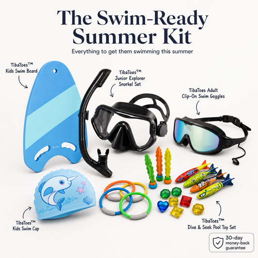 The Swim-Ready Summer Kit (1x TibaToes™ Kids Swim Board + 1x TibaToes™ Junior Explorer Snorkel Set + 1x TibaToes Adult Clip-On Swim Goggles + 1x TibaToes™ Kids Swim Cap + 1x TibaToes™ Dive & Seek Pool Toy Set)
