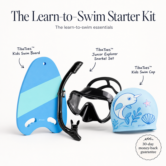 The Learn-to-Swim Starter Kit (1x TibaToes™ Kids Swim Board + 1x TibaToes™ Junior Explorer Snorkel Set + 1x TibaToes™ Kids Swim Cap)