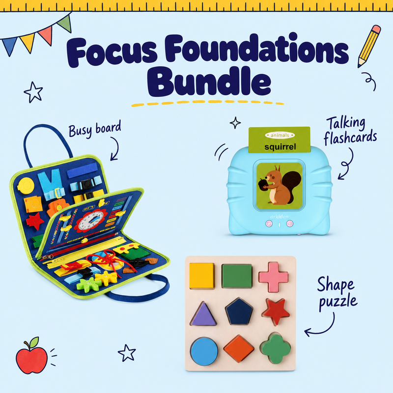 Focus Foundations Bundle with dinosaur blue busy board and blue flashcards