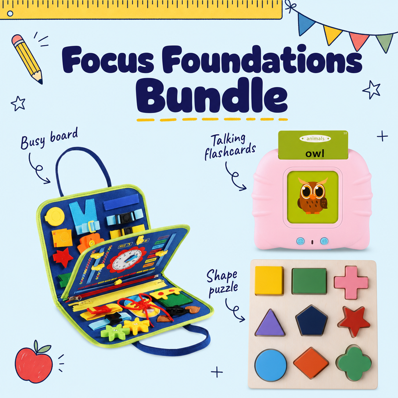 Focus Foundations Bundle with dinosaur blue busy board and pink flashcards