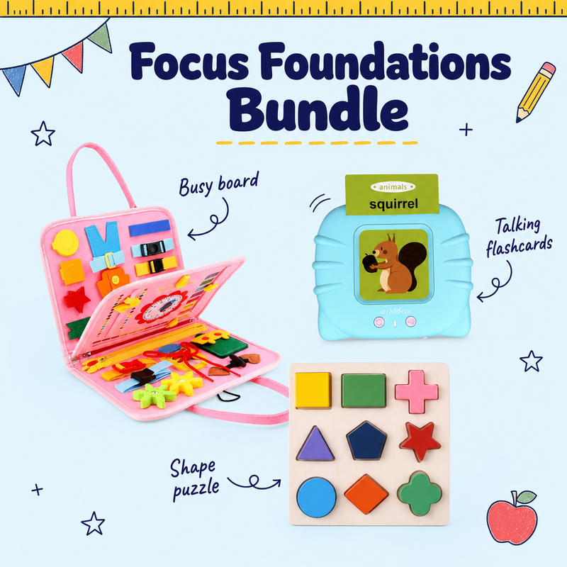 Focus Foundations Bundle with mermaid pink busy board and blue flashcards