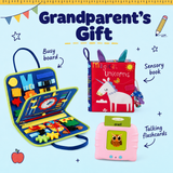 Grandparents Gift bundle with dinosaur blue busy board and pink flashcards