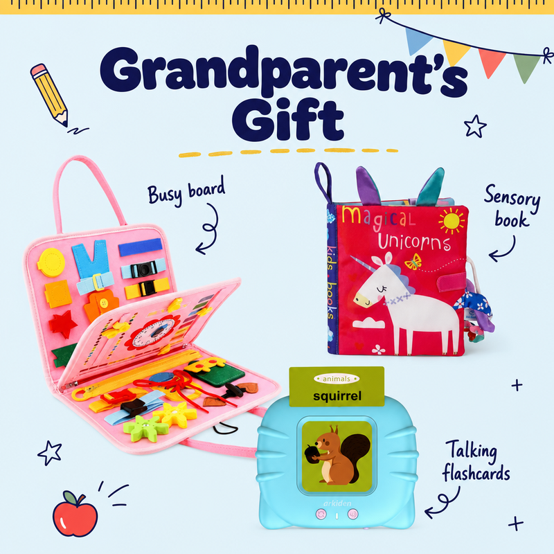 Grandparents Gift bundle with mermaid pink busy board and blue flashcards