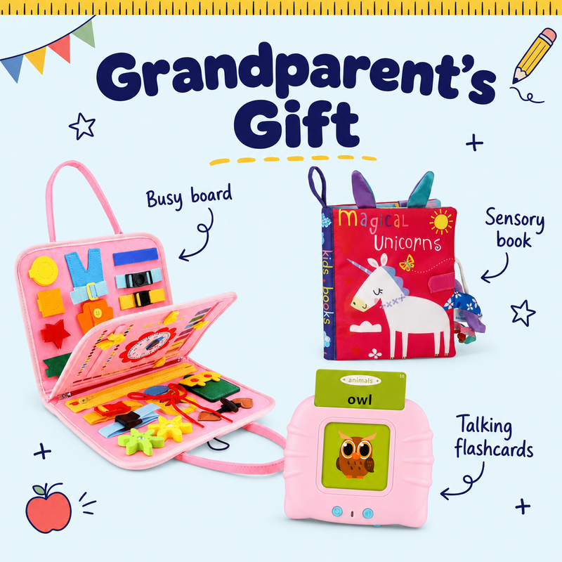 Grandparents Gift bundle with mermaid pink busy board and pink flashcards