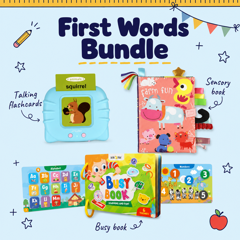 First Words Bundle with blue talking flashcards, sensory book and busy book