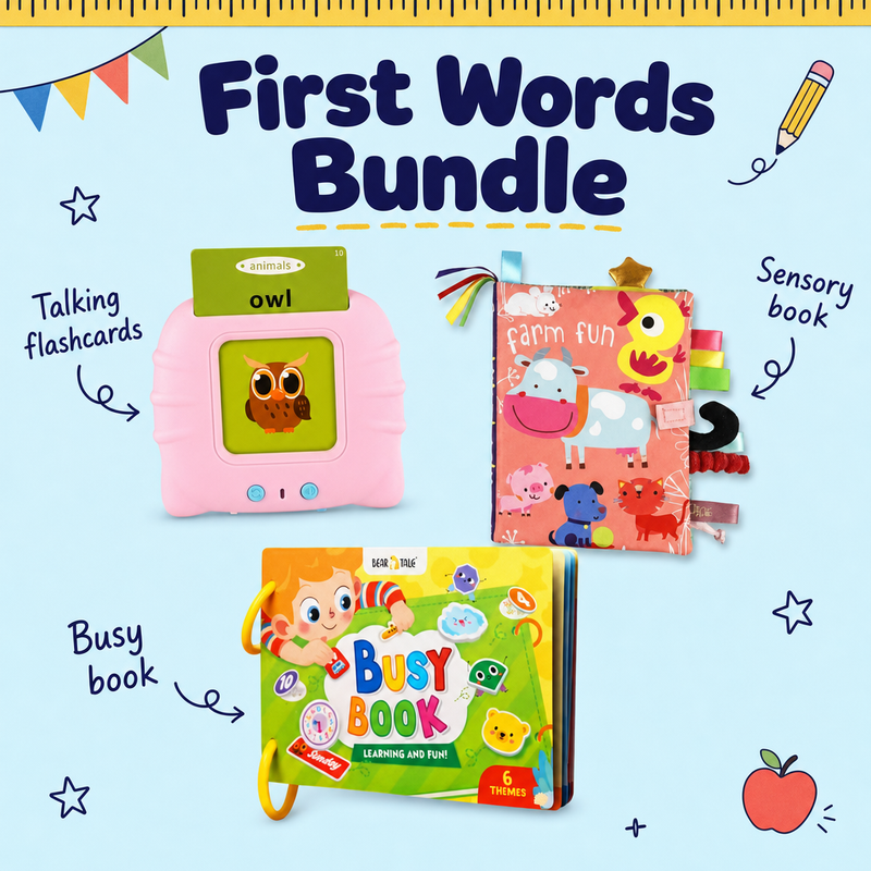 First Words Bundle with pink talking flashcards, sensory book and busy book