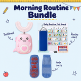 Morning Routine Bundle with pink cloud toothbrush, routine chart and grip socks