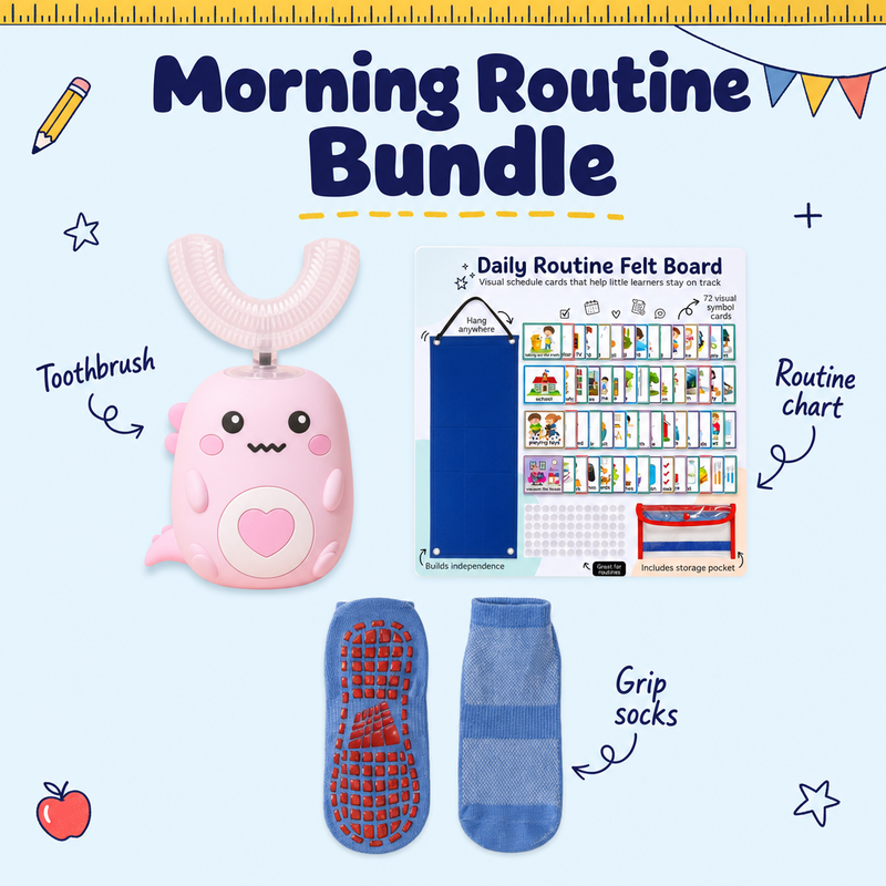 Morning Routine Bundle with pink cloud toothbrush, routine chart and grip socks