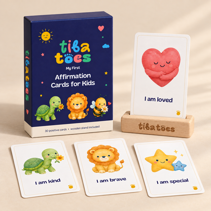 My First affirmation deck with navy TibaToes box, four sample cards and wooden stand. Product design mockup.