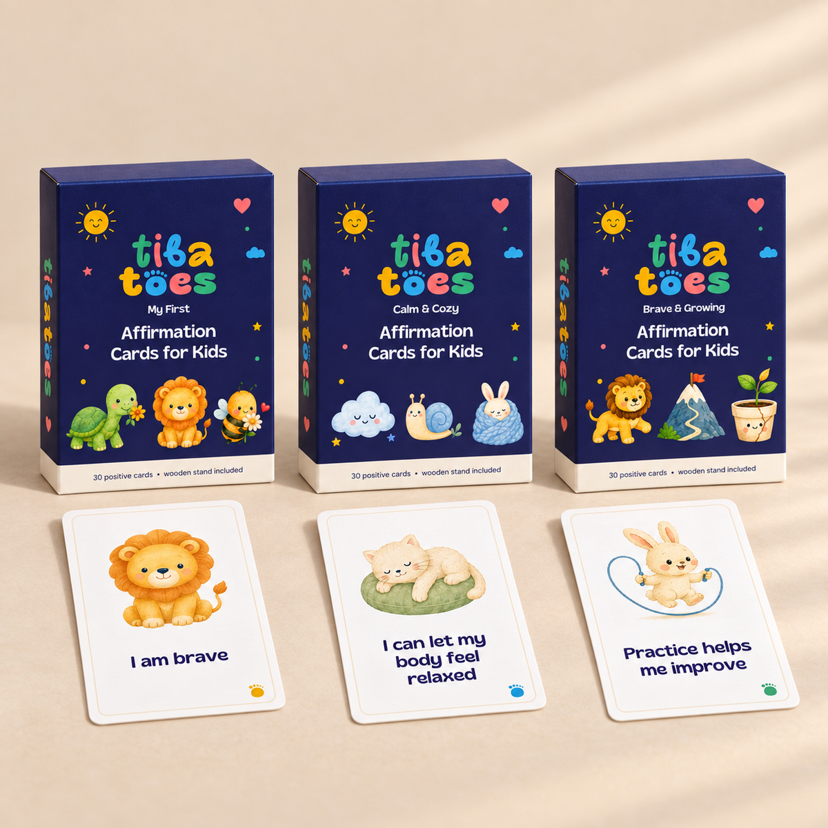 The three available TibaToes deck themes: My First, Calm & Cozy, and Brave & Growing. One theme is included per set. Product design mockup.