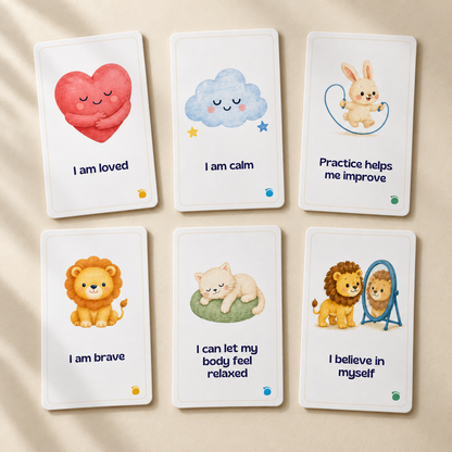 Six sample TibaToes affirmation cards, with two examples from each of the three separately available deck themes. Product design mockup.