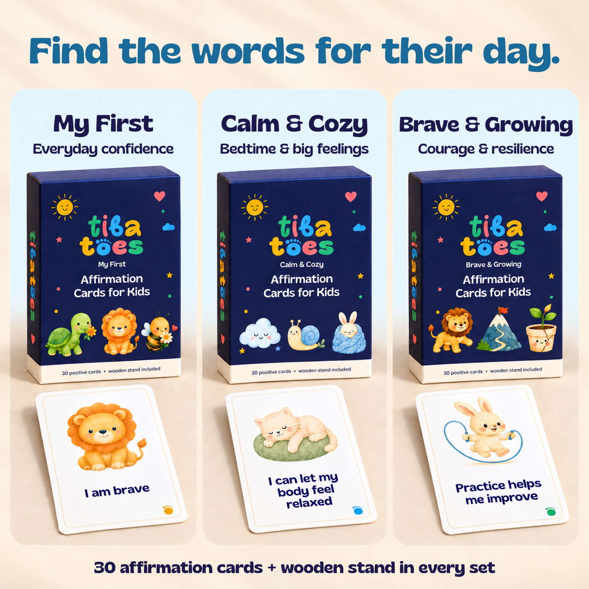 Choose My First for everyday confidence, Calm & Cozy for bedtime and big feelings, or Brave & Growing for courage and resilience. Each set has 30 affirmation cards and a wooden stand. Generated deck comparison.