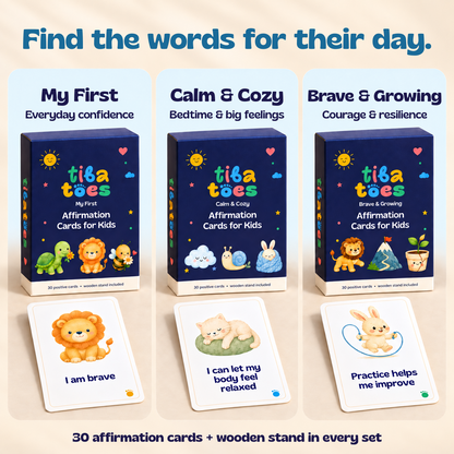 Choose My First for everyday confidence, Calm & Cozy for bedtime and big feelings, or Brave & Growing for courage and resilience. Each set has 30 affirmation cards and a wooden stand. Generated deck comparison.
