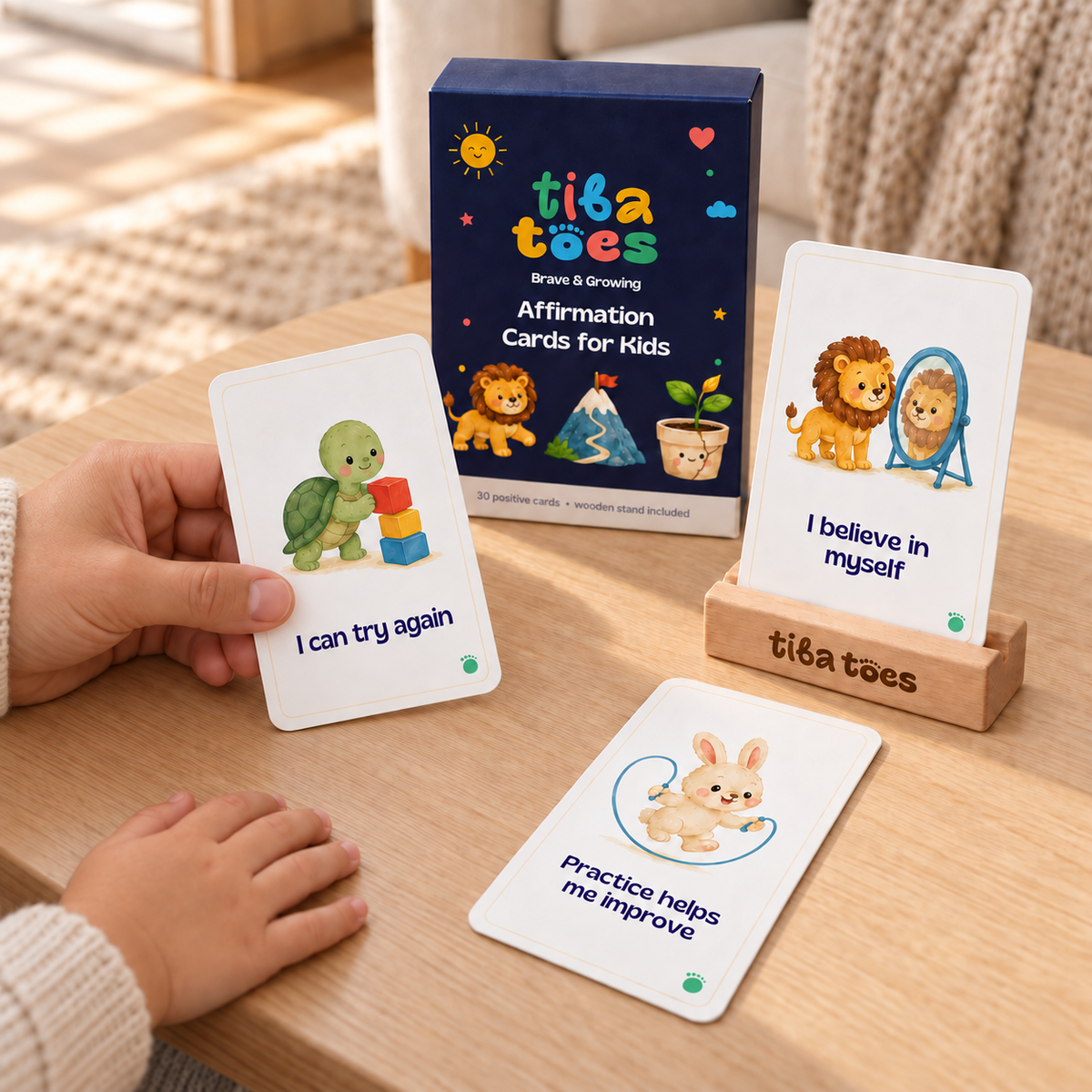 An adult securely holds an I can try again affirmation card beside a child's resting hand. Brave & Growing box and cards with wooden stand. Generated lifestyle mockup.
