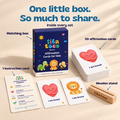 Inside every set: 30 affirmation cards, one instruction card, a wooden stand and a matching box. Product design mockup with Gliker labels.